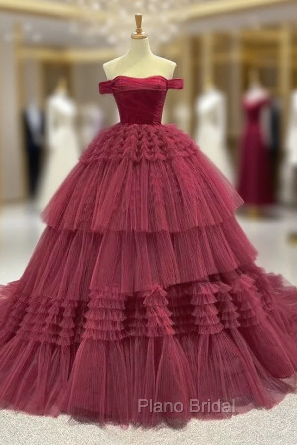 Burgundy Ball Gown Tulle Off the Shoulder Pleats Formal Prom Dresses Main image