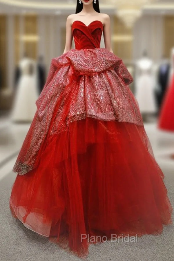 Burgundy Ball Gown Tulle Sequins Sweetheart Luxury Formal Prom Dresses