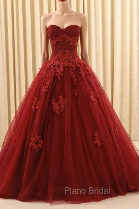 Burgundy Ball Gown Tulle Sweetheart Appliques Wedding Dresses Main image
