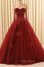 Burgundy Ball Gown Tulle Sweetheart Appliques Wedding Dresses