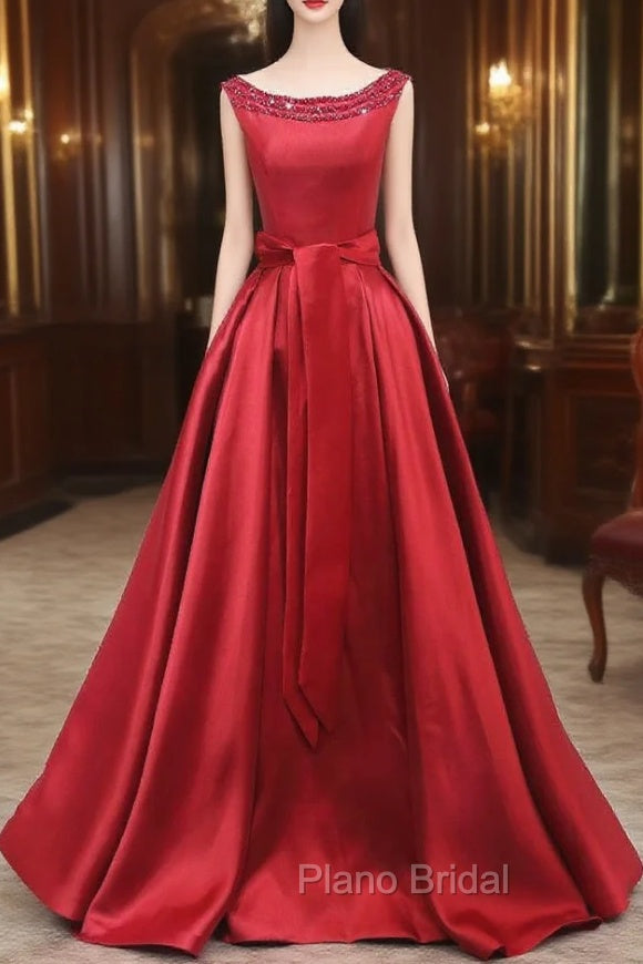 Burgundy Bateau Satin Beading Formal Prom Dresses Main image