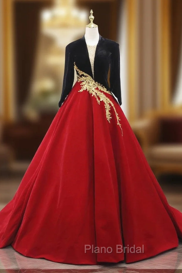 Burgundy Black Velvet Long Sleeve Beading Formal Prom Dresses Main image