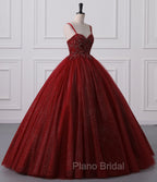 Burgundy Bling Tulle Ball gowns Long Formal Prom Dresses with Embroidered Sequins