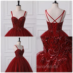 Burgundy Bling Tulle Ball gowns Long Formal Prom Dresses with Embroidered Sequins