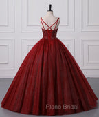 Burgundy Bling Tulle Ball gowns Long Formal Prom Dresses with Embroidered Sequins