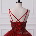 Burgundy Bling Tulle Ball gowns Long Formal Prom Dresses with Embroidered Sequins