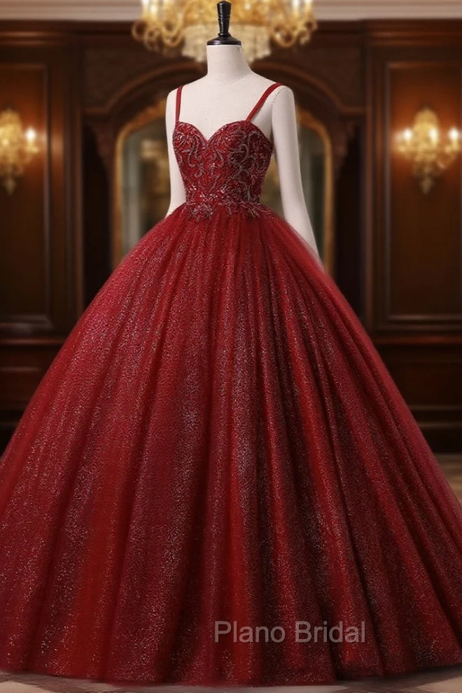 Burgundy Bling Tulle Ball gowns Long Formal Prom Dresses with Embroidered Sequins Main image