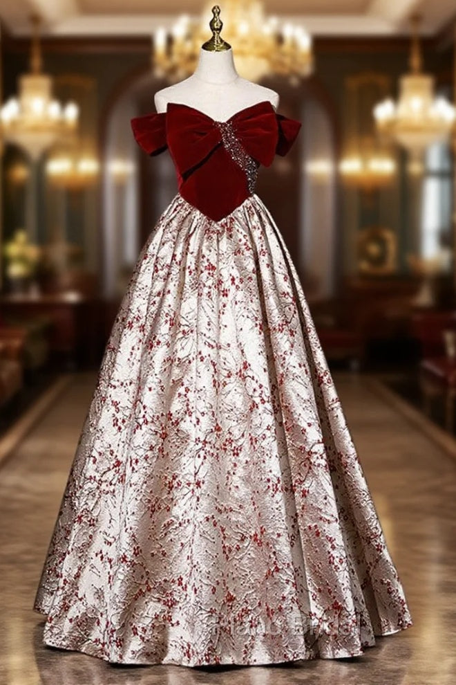 Burgundy Bow Velvet Off the Shoulder Beading Formal Prom Dresses