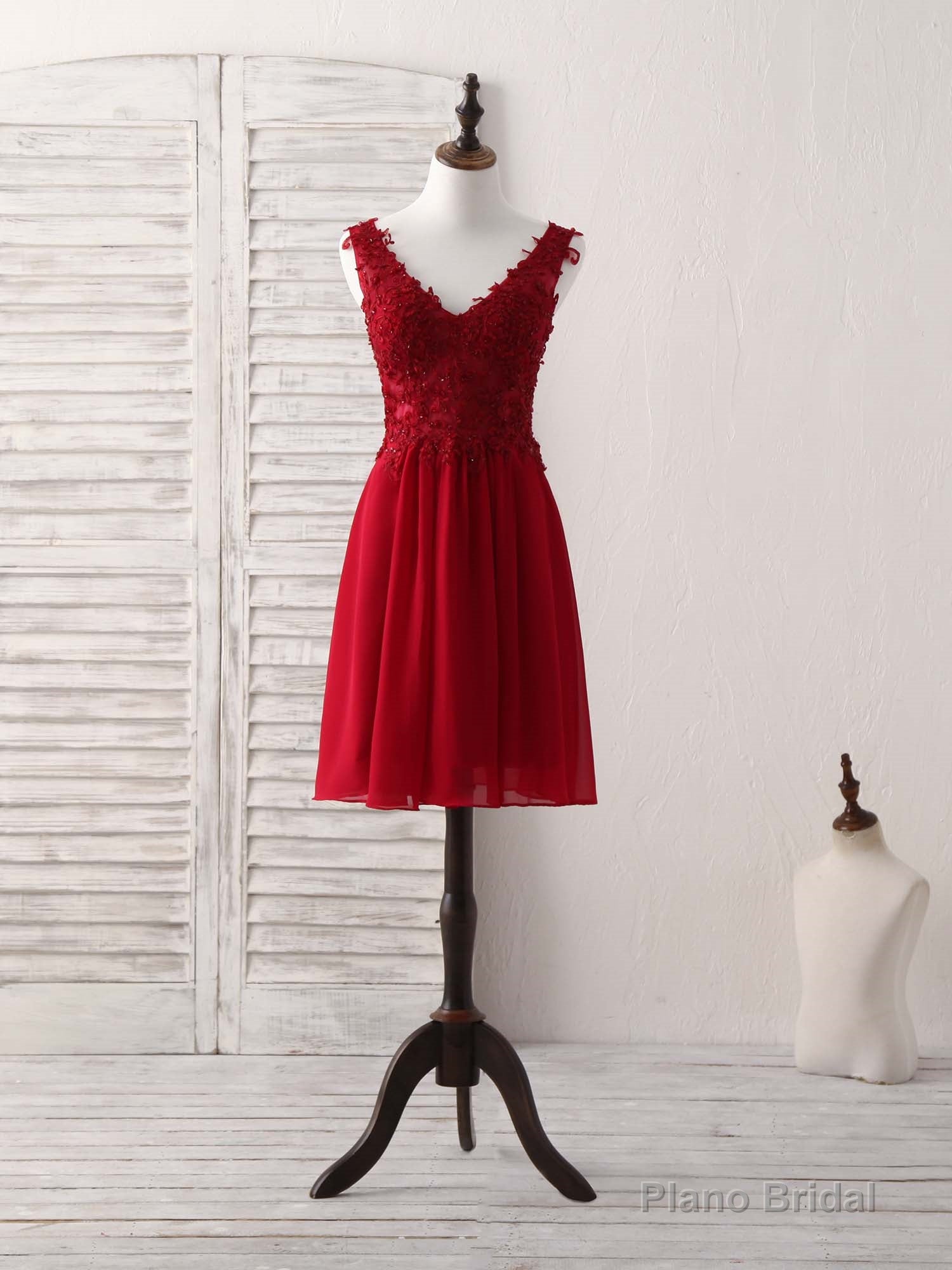 Burgundy Chiffon Lace Short Prom Dress Burgundy Homecoming Dress Main image