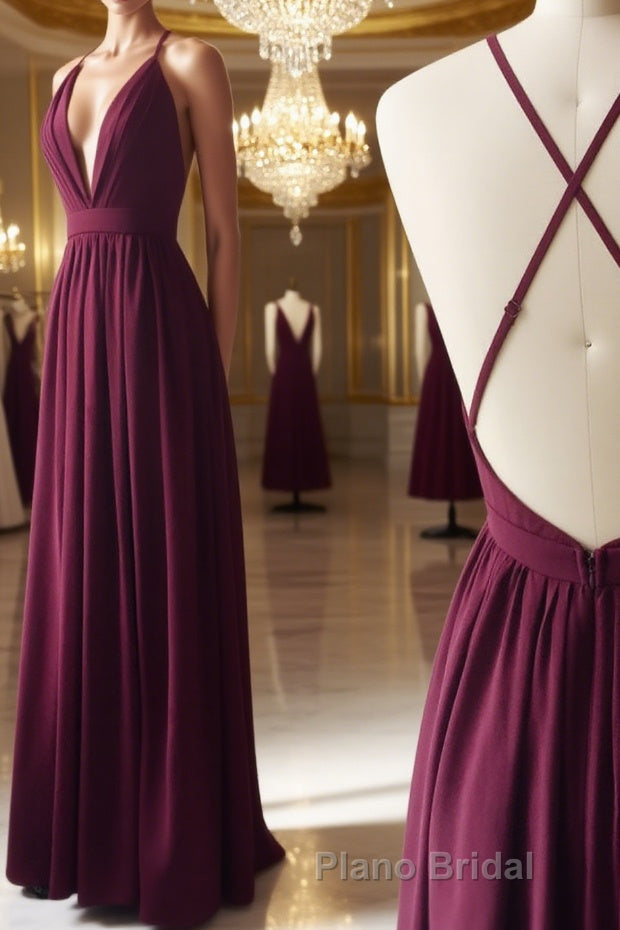 Burgundy chiffon long Formal Prom dress, burgundy evening dress Main image