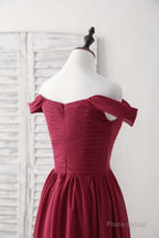 Burgundy Chiffon Off Shoulder Long Prom Dress Burgundy Bridesmaid Dress