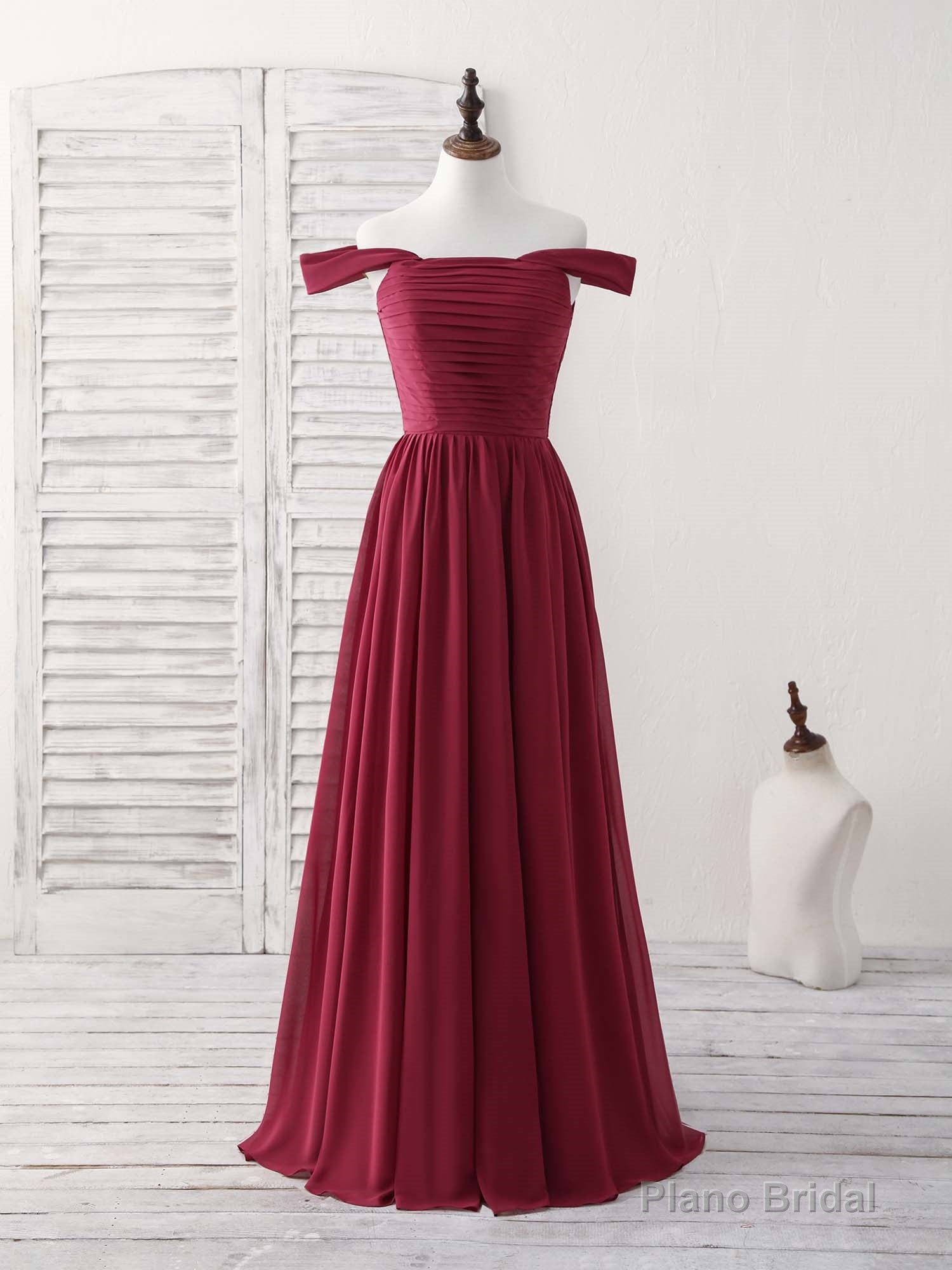 Burgundy Chiffon Off Shoulder Long Prom Dress Burgundy Bridesmaid Dress Main image