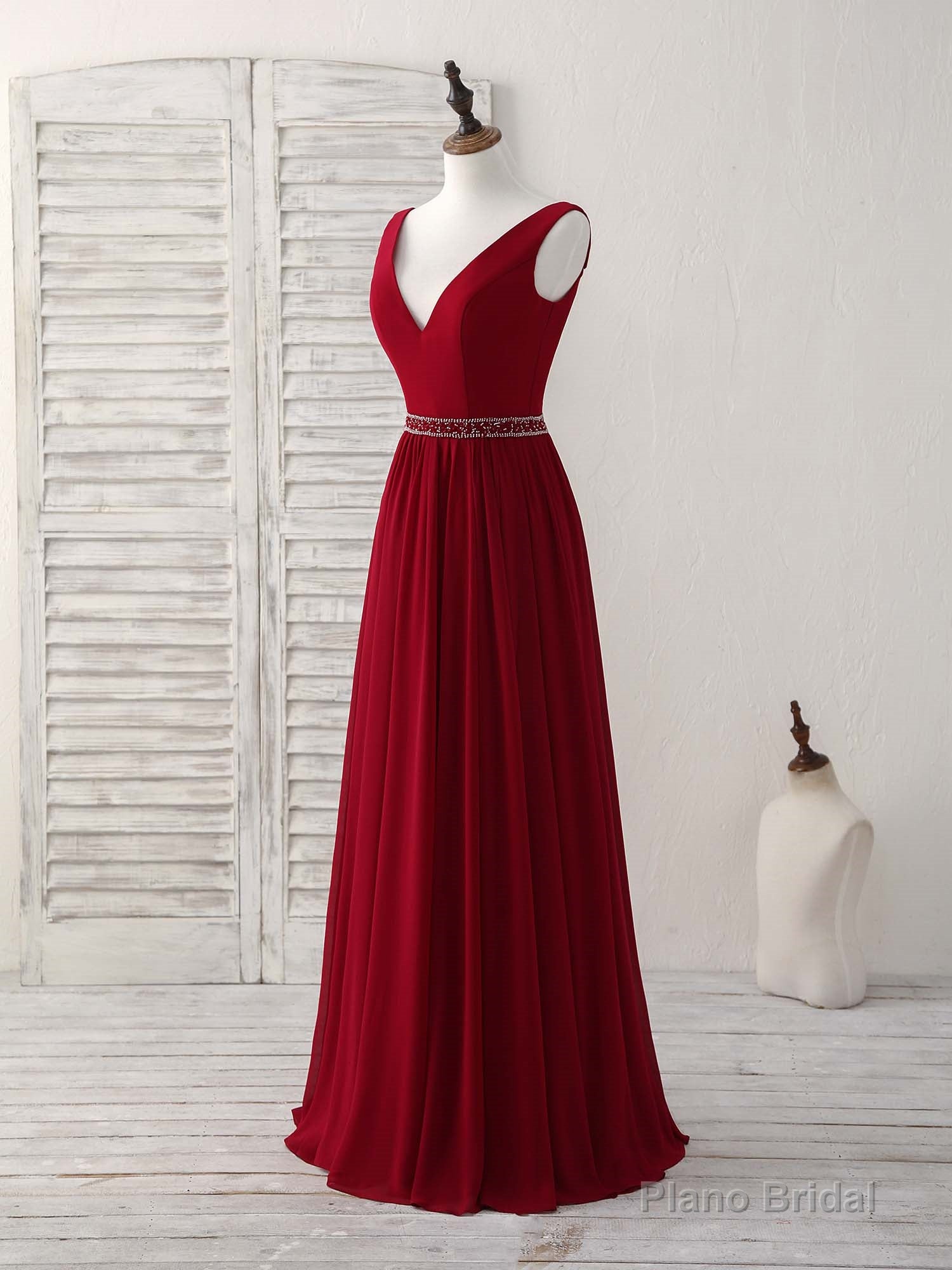 Burgundy Chiffon V Neck Beads Long Prom Dress Burgundy Evening Dress Main image