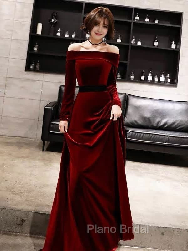 Burgundy Classic Evening Dresses Velvet Long Sleeve Off Shoulder Formal Prom Dresses