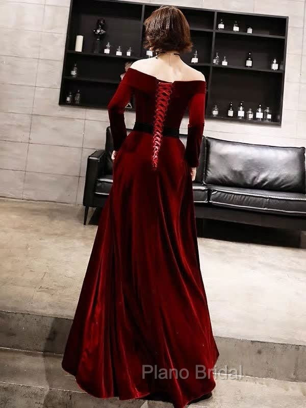 Burgundy Classic Evening Dresses Velvet Long Sleeve Off Shoulder Formal Prom Dresses