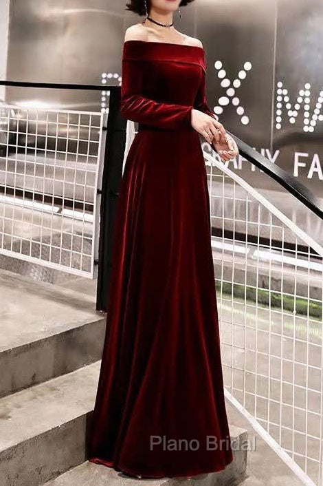Burgundy Classic Evening Dresses Velvet Long Sleeve Off Shoulder Formal Prom Dresses Main image
