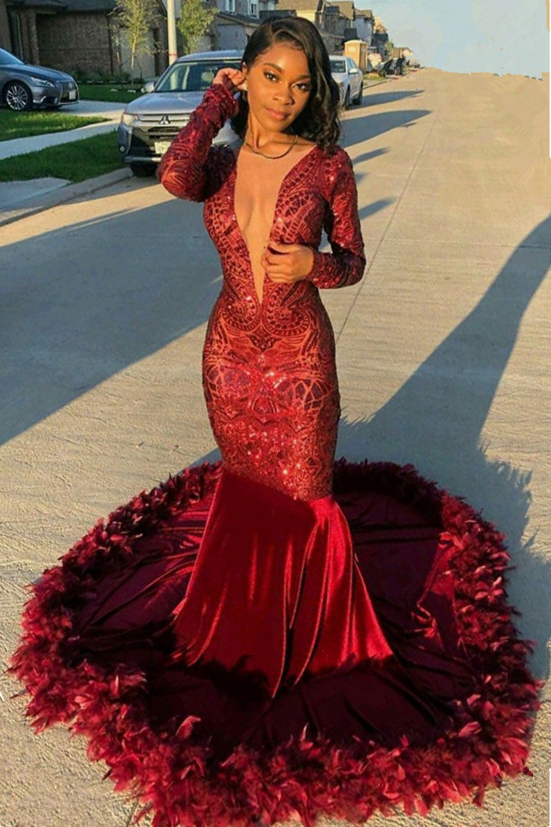Burgundy Deep V-Neck Long Sleeve Mermaid Prom Dress With Sequins Main image