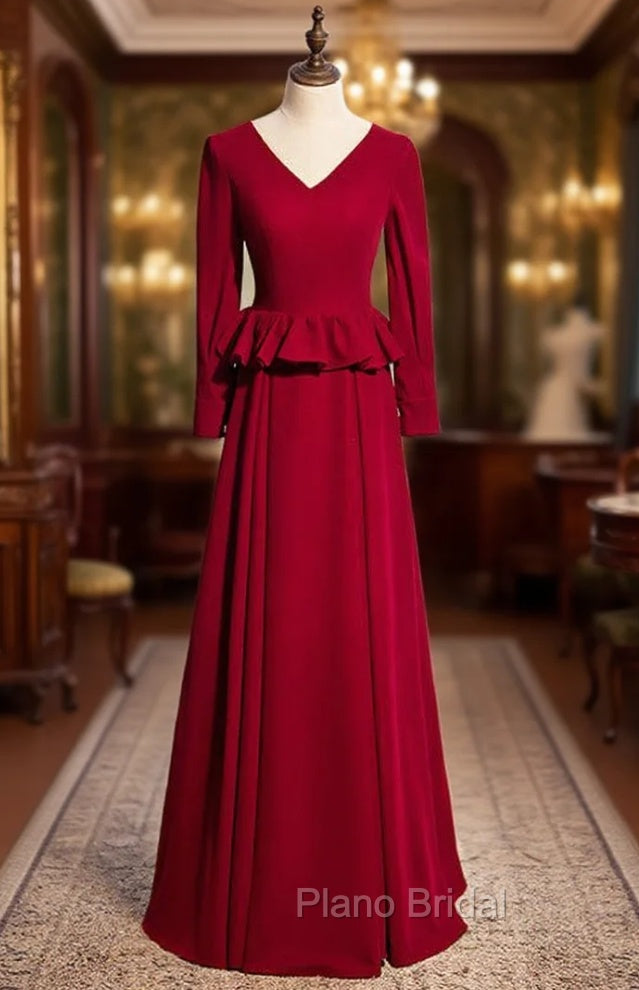 Burgundy Deep V-neck Long Sleeve Formal Prom Dresses Main image