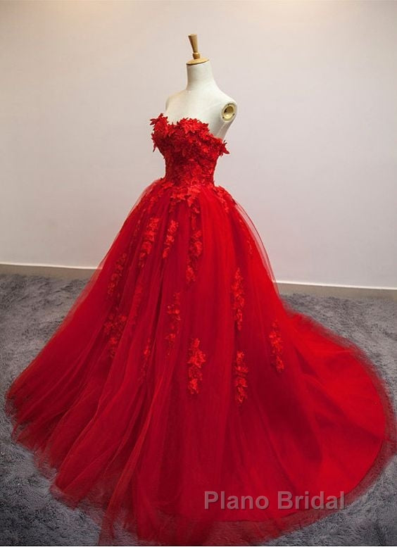 Burgundy Floral Lace Sweetheart Tulle Ball Gown Wedding Dresses Secondary image