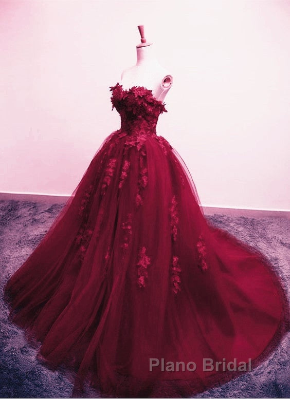 Burgundy Floral Lace Sweetheart Tulle Ball Gown Wedding Dresses