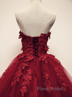 Burgundy Floral Lace Sweetheart Tulle Ball Gown Wedding Dresses