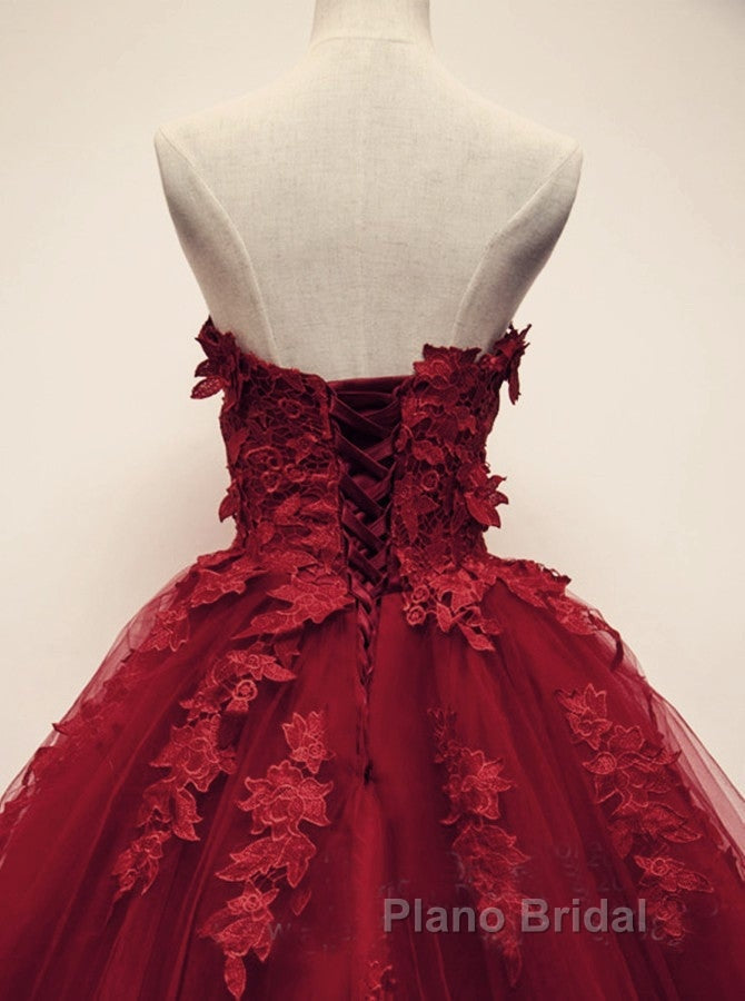 Burgundy Floral Lace Sweetheart Tulle Ball Gown Wedding Dresses