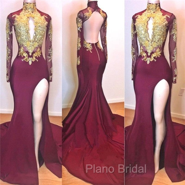 Burgundy Gold Appliques Long Sleevess Side Slit Open Back Mermaid Formal Prom Dresses Secondary image