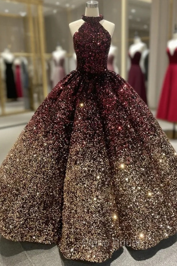 Burgundy Gold Sequins Halter Formal Prom Dresses