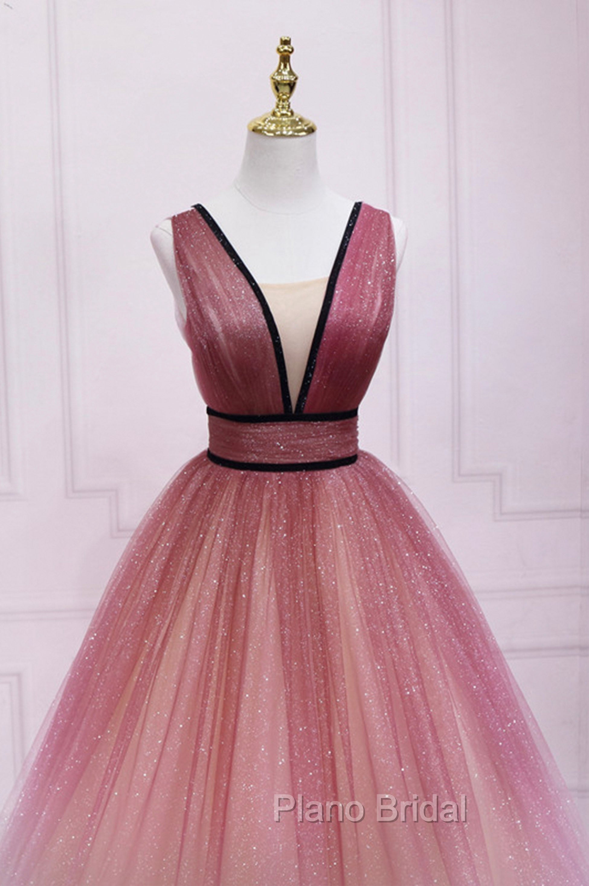 Burgundy Gradient Tulle Long Evening Dresses, A-Line V-Neck Graduation Party Dresses