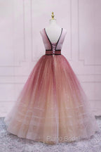 Burgundy Gradient Tulle Long Evening Dresses, A-Line V-Neck Graduation Party Dresses