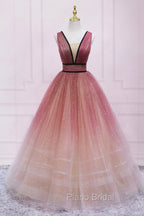 Burgundy Gradient Tulle Long Evening Dresses, A-Line V-Neck Graduation Party Dresses
