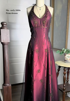 Vintage Fuchsia Halter-Neck A-Line Beaded Chiffon Long Formal Prom Dresses Formal Evening Gown