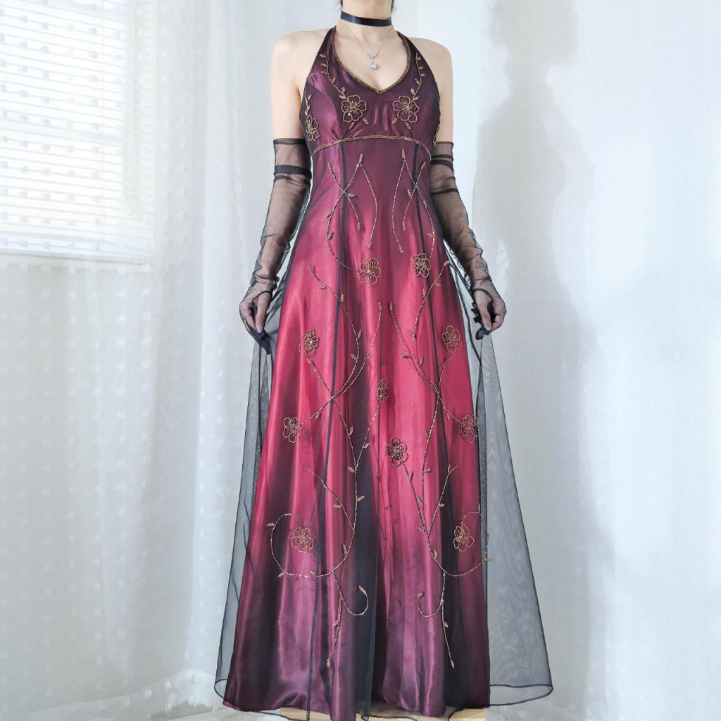 Vintage Fuchsia Halter-Neck A-Line Beaded Chiffon Long Formal Prom Dresses Formal Evening Gown