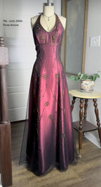 Vintage Fuchsia Halter-Neck A-Line Beaded Chiffon Long Formal Prom Dresses Formal Evening Gown