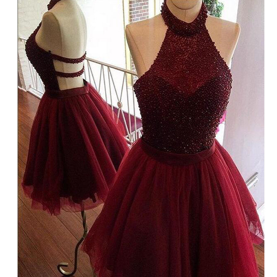 Burgundy Halter Beaded Open Back Unique homecoming Dresses Main image
