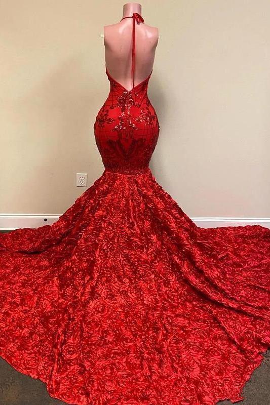 Burgundy Halter Mermaid V-Neck Low Back Flowers Prom Dresses Secondary image