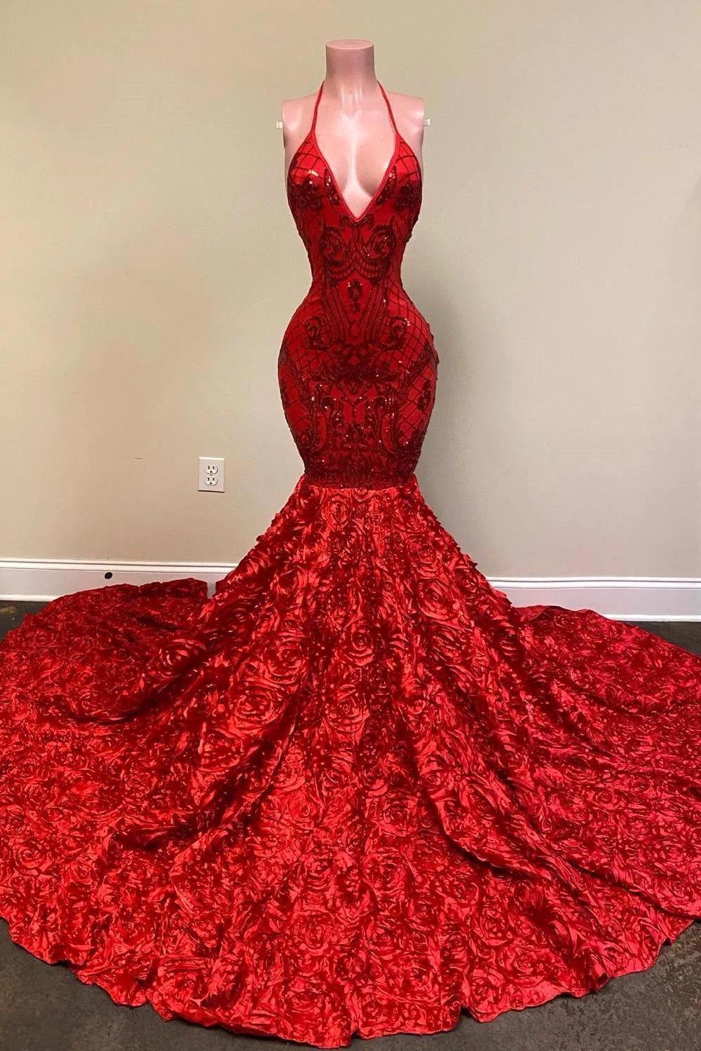 Burgundy Halter Mermaid V-Neck Low Back Flowers Prom Dresses Main image
