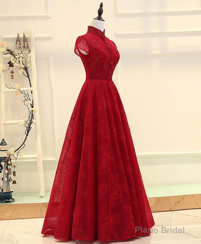 Burgundy High Low Lace Long Prom Dress, Burgundy Evening Dress Main image