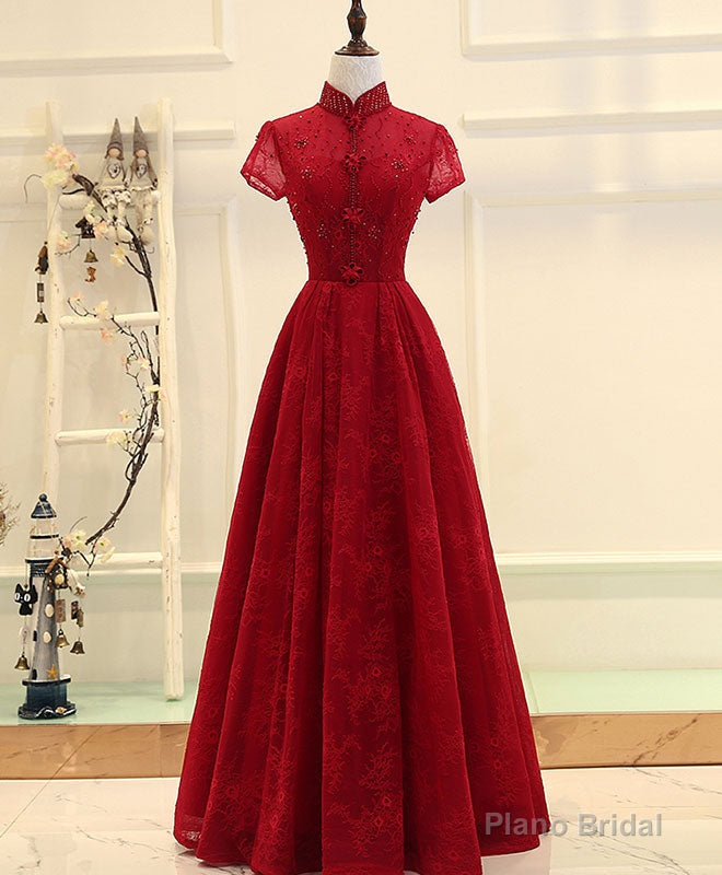 Burgundy High Low Lace Long Prom Dress, Burgundy Evening Dress Secondary image
