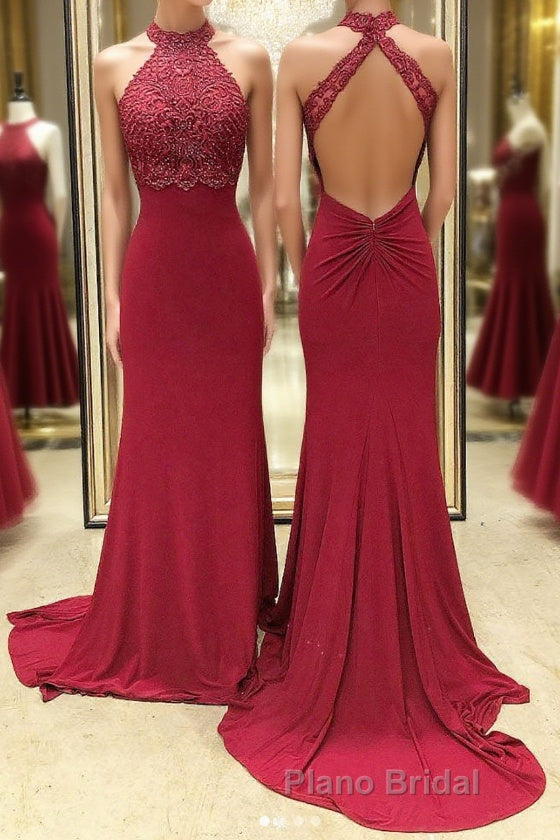 Burgundy high neck lace mermaid long Formal Prom dress, lace evening dress