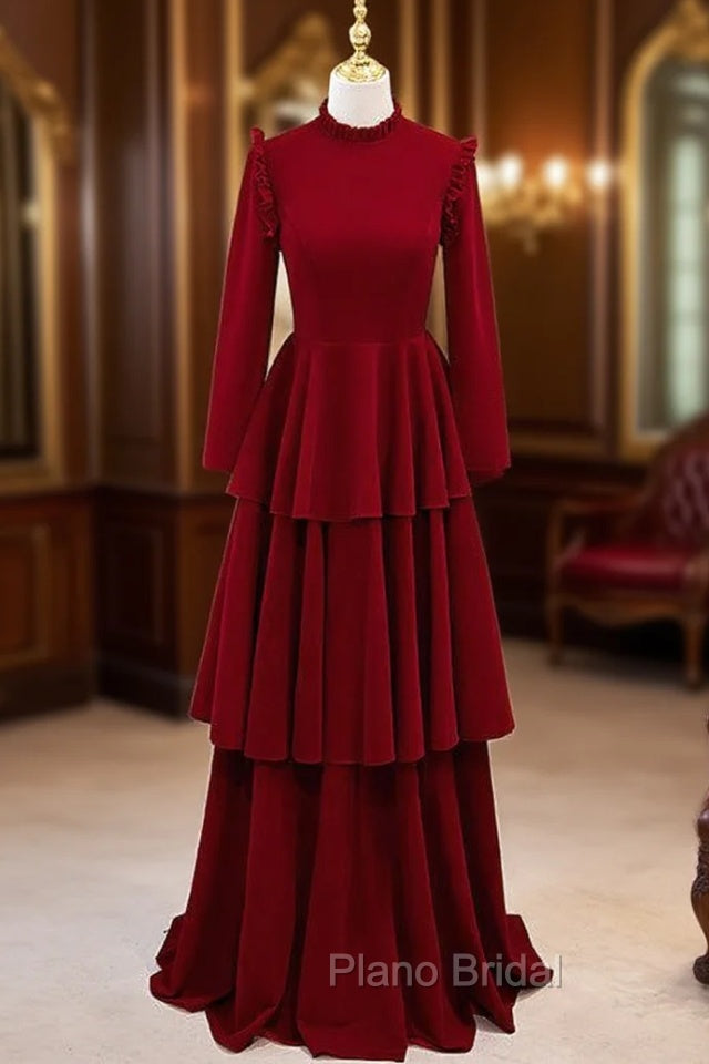 Burgundy High Neck Long Sleeve Formal Prom Dresses