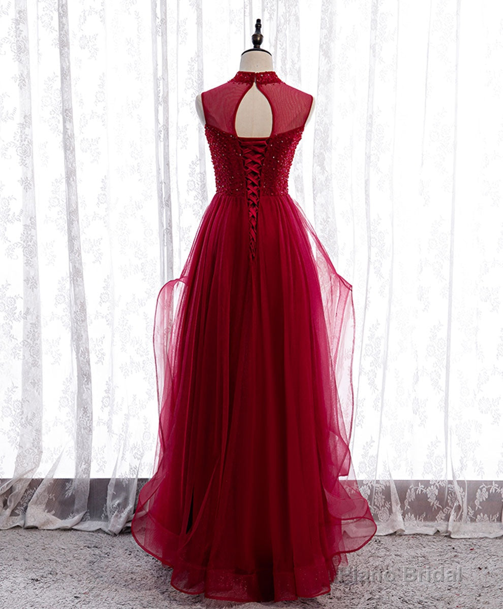 Burgundy High Neck Tulle Sequin Beads Long Evening Dresses Secondary image