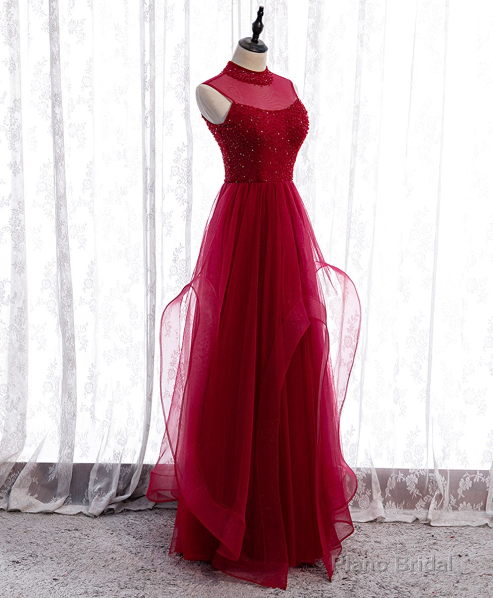 Burgundy High Neck Tulle Sequin Beads Long Evening Dresses Main image