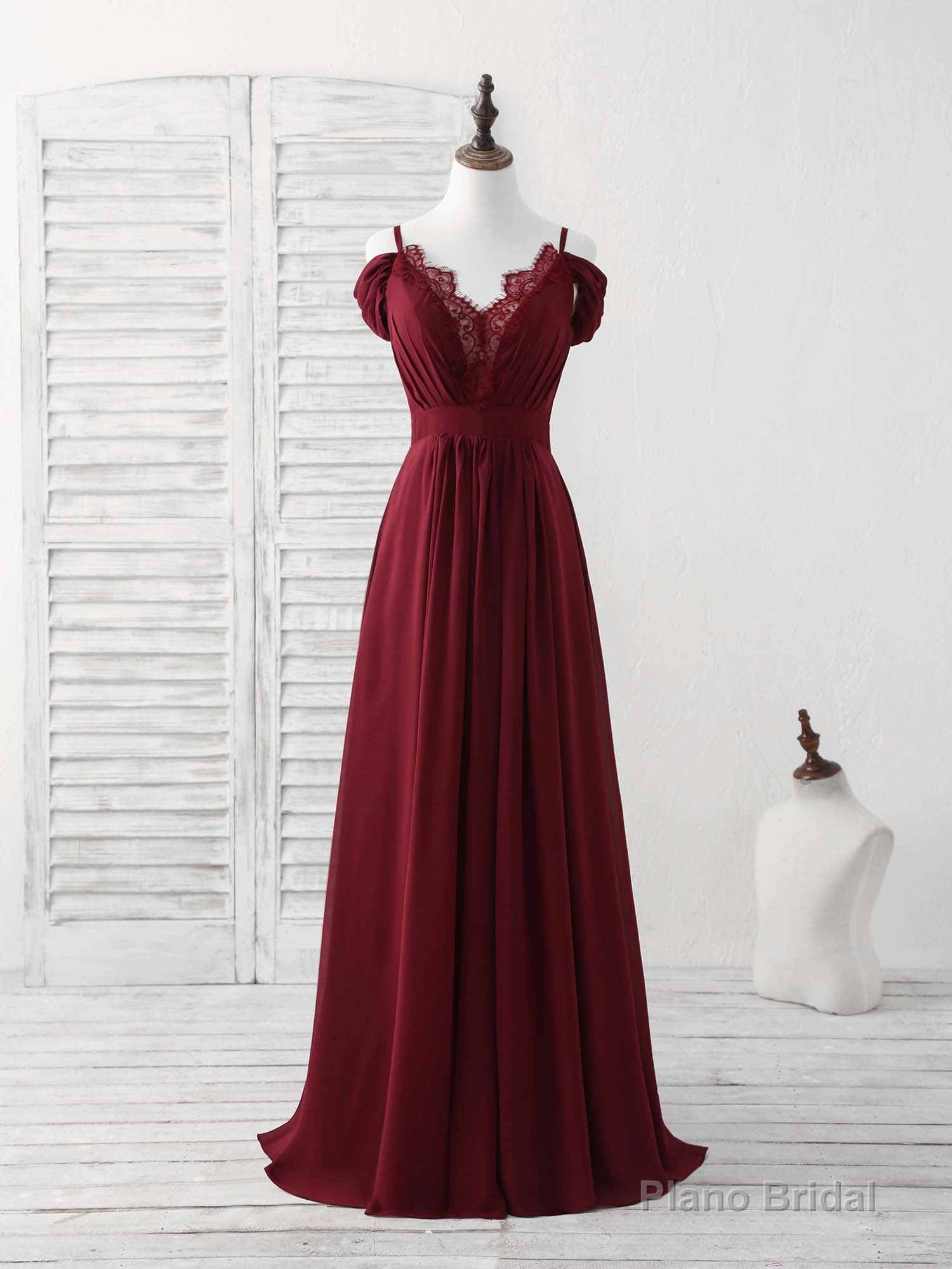 Burgundy Lace Chiffon Long Prom Dress Burgundy Bridesmaid Dress Main image