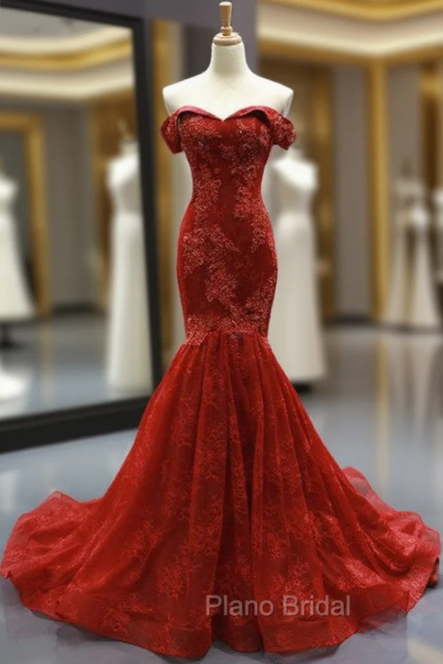 Burgundy Lace Mermaid Off The Shoulder Formal Prom Dresses With Beading Main image