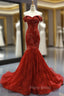 Burgundy Lace Mermaid Off The Shoulder Formal Prom Dresses With Beading