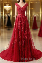 Burgundy Lace Formal Prom Dresses with Train, Wine Red Lace Formal Evening Dresses