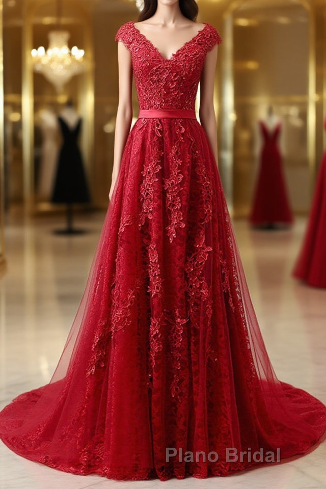 Burgundy Lace Formal Prom Dresses with Train, Wine Red Lace Formal Evening Dresses Main image