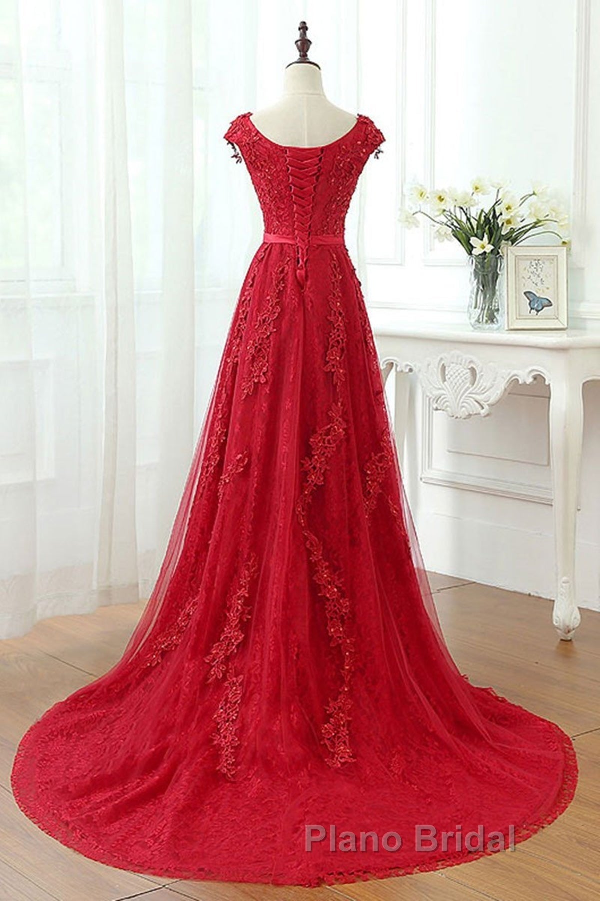 Burgundy Lace Formal Prom Dresses with Train, Wine Red Lace Formal Evening Dresses
