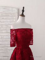 Burgundy Lace Short Prom Dress, Burgundy Homecoming Dress